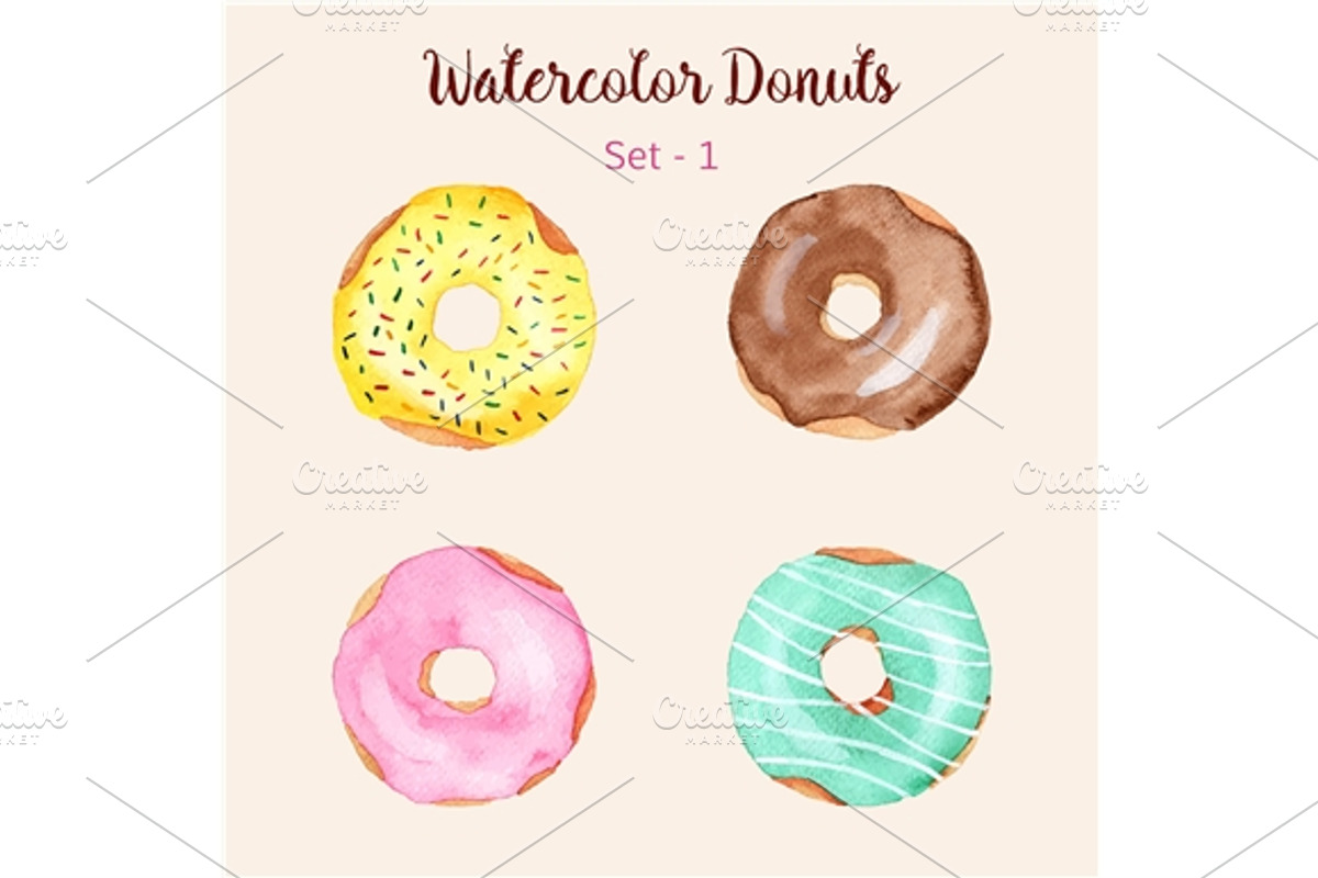 4 Hand painted watercolor donuts, an Object Graphic by Sunshine Art Shop