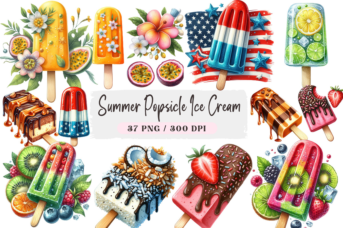 Summer Popsicle Ice Cream Clipart, a Seasonal Illustration by DreamArtGraphic (Photo 1 of 4)