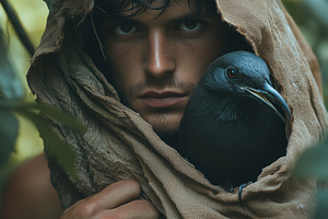 A young ornithologist man with dark hair wrapped in a brown cloth, holding a bl, a Person Photo by Textures & Backgrounds