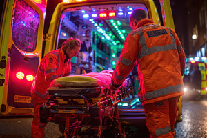 Paramedics transport patient on stre, a Photo by Pixeness Studio
