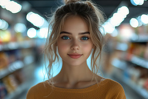 Portrait of young woman in supermarket, a Person Photo by AlyaAnd