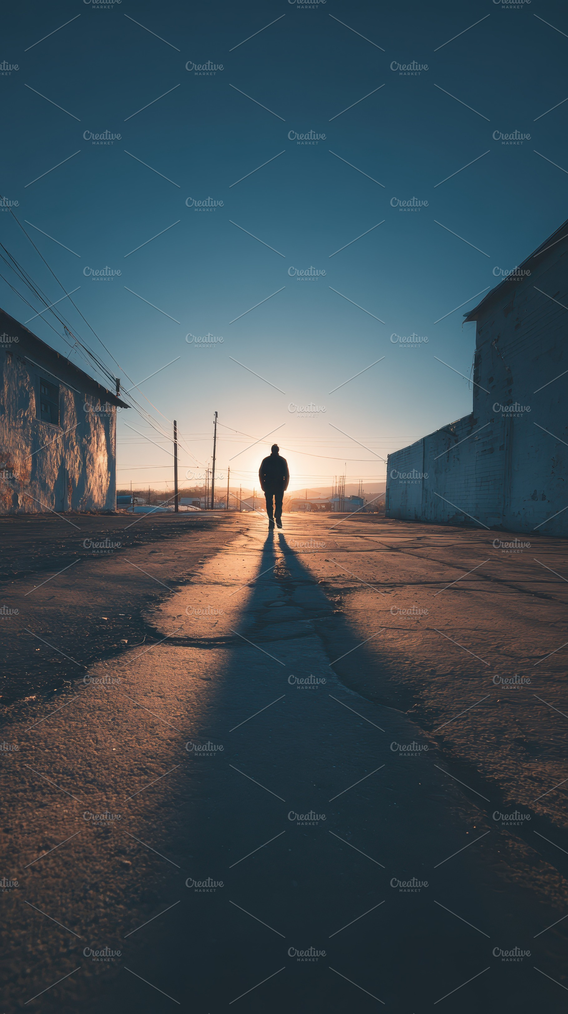 Man walking into sunset down empty s, a Photo by Pixeness Studio