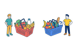 Different grocery baskets filled, a Food Illustration by ZinetroN