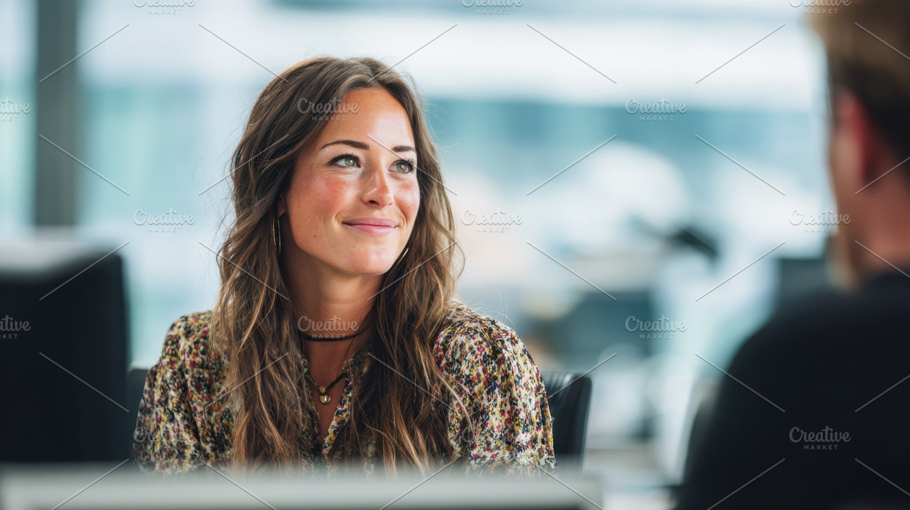 Smiling woman in an office setting, a Photo by Beautiful things