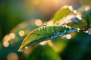 Dewdrops glisten on green leaves in a macro shot at dawn, a Photo by AlyaAnd