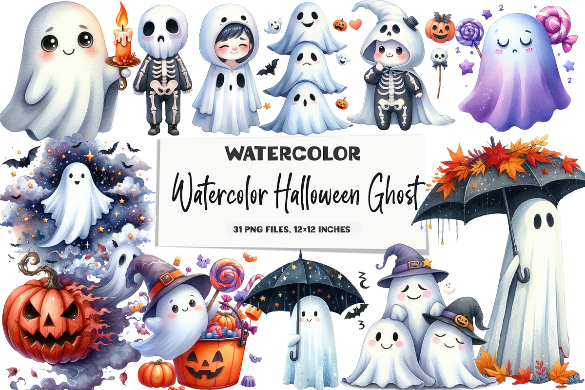 Watercolor Halloween Ghost Clipart, an Illustration by DreamArtGraphic (Photo 1 of 5)