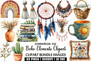 Watercolor Boho Elements Clipart, an Illustration by Craft Nest