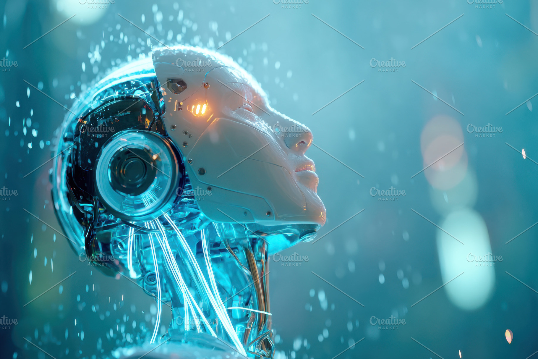 Humanoid robot head on blue background, a Technology Photo by AlyaAnd