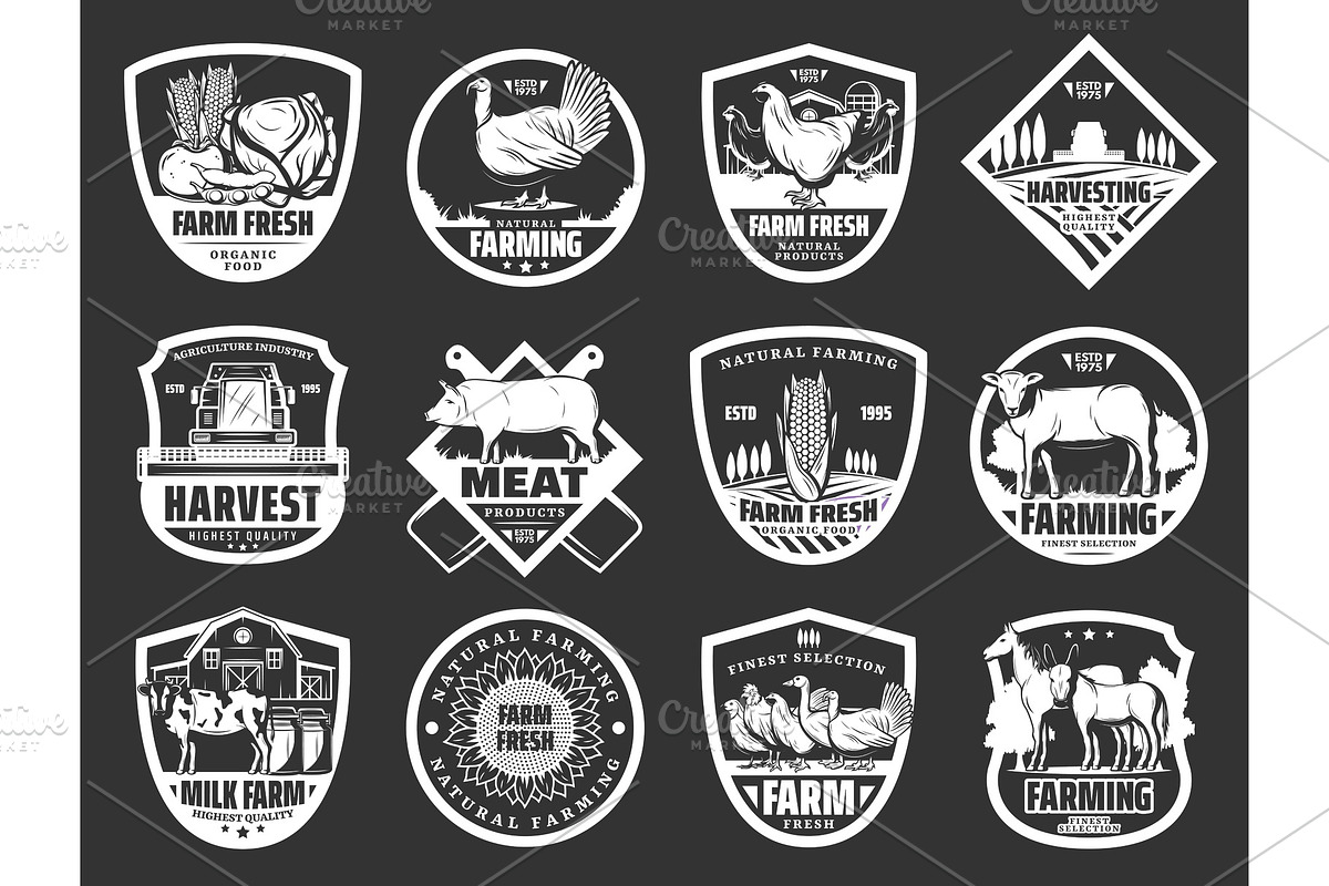 Farm dairy and meat, fowl icons, an Animal Illustration by Vector Tradition