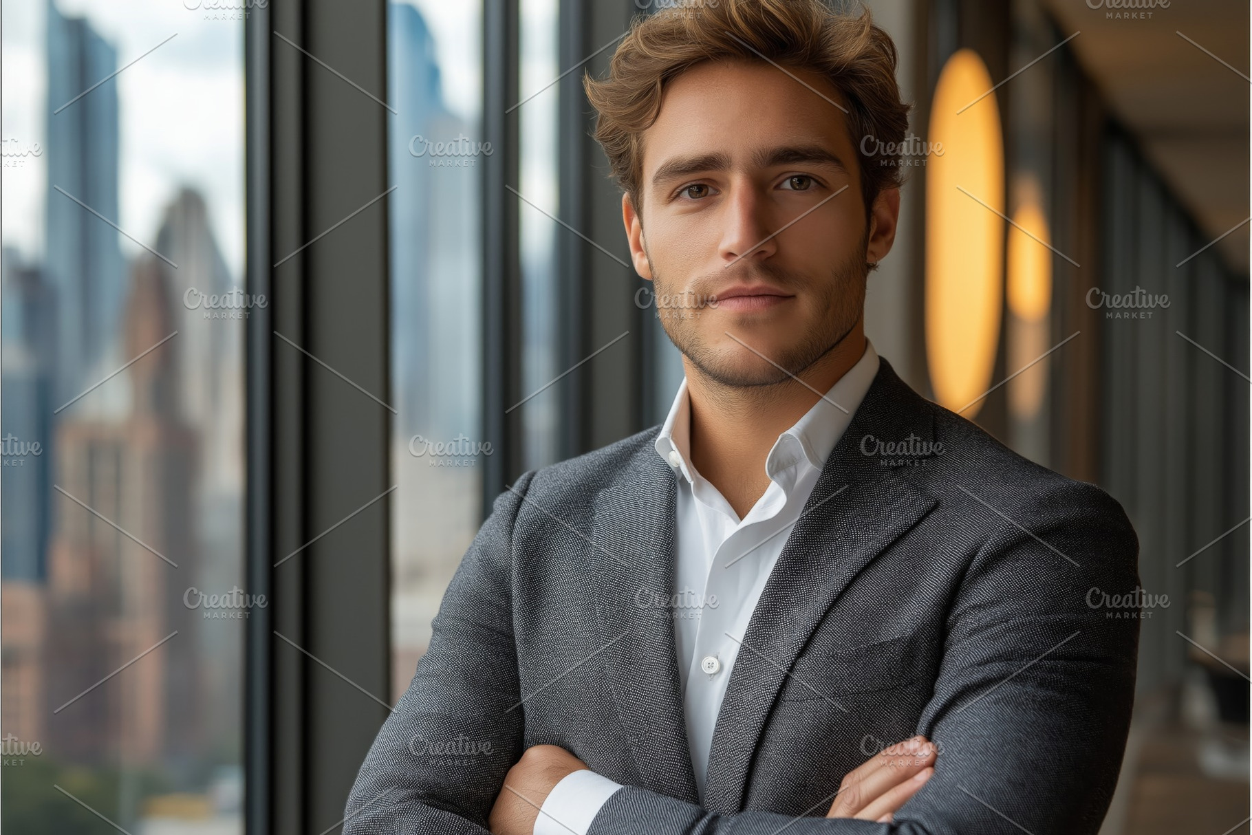 A confident young Hispanic man poses in a stylish office, showcasing a modern u, a Person Photo by ImageMir