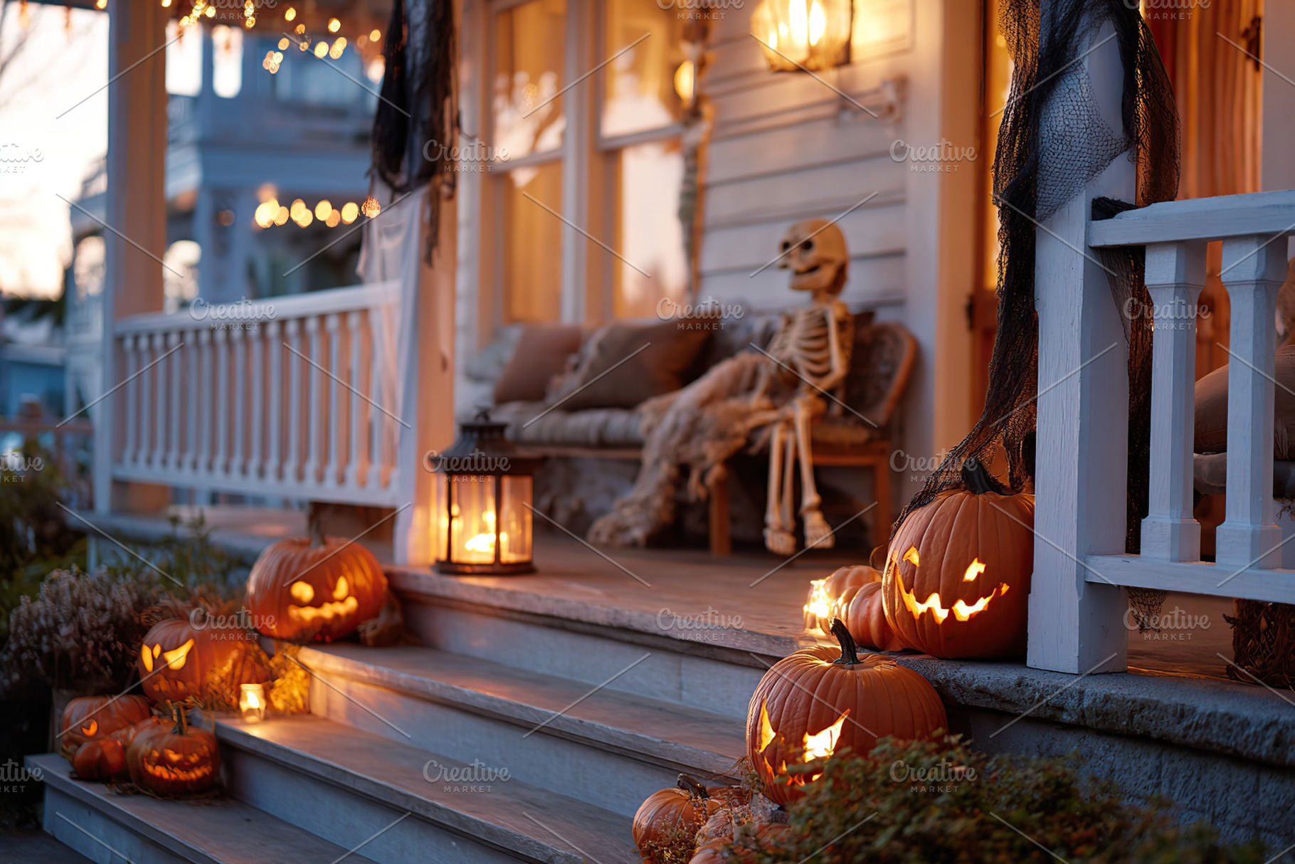 Warm autumn ambiance featuring pumpkins and hay bales arranged at a welcoming h, a Photo by AlyaAnd