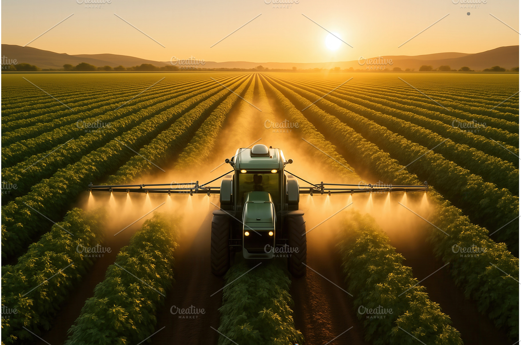 A tractor is spraying crops in a, an Animal Photo by Sergey Kotenev