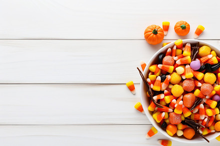 Halloween candies in bucket on white wooden background, a Holiday Photo by AlyaAnd