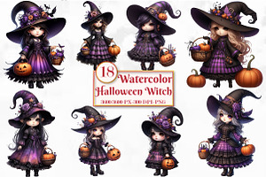 Watercolor Halloween Witch Clipart, a Seasonal Illustration by Craft Nest