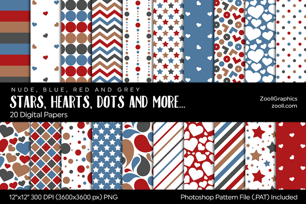 Stars, Hearts, Dots Digital Papers, a Pattern Graphic by ZoollGraphics