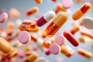 Colorful pills and capsules in fly, a Health & Medical Photo by AlyaAnd