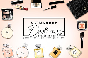 Luxury brand makeup desk mockup containing chanel, stock photography, and