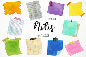 Watercolor Notes Clipart, Post It