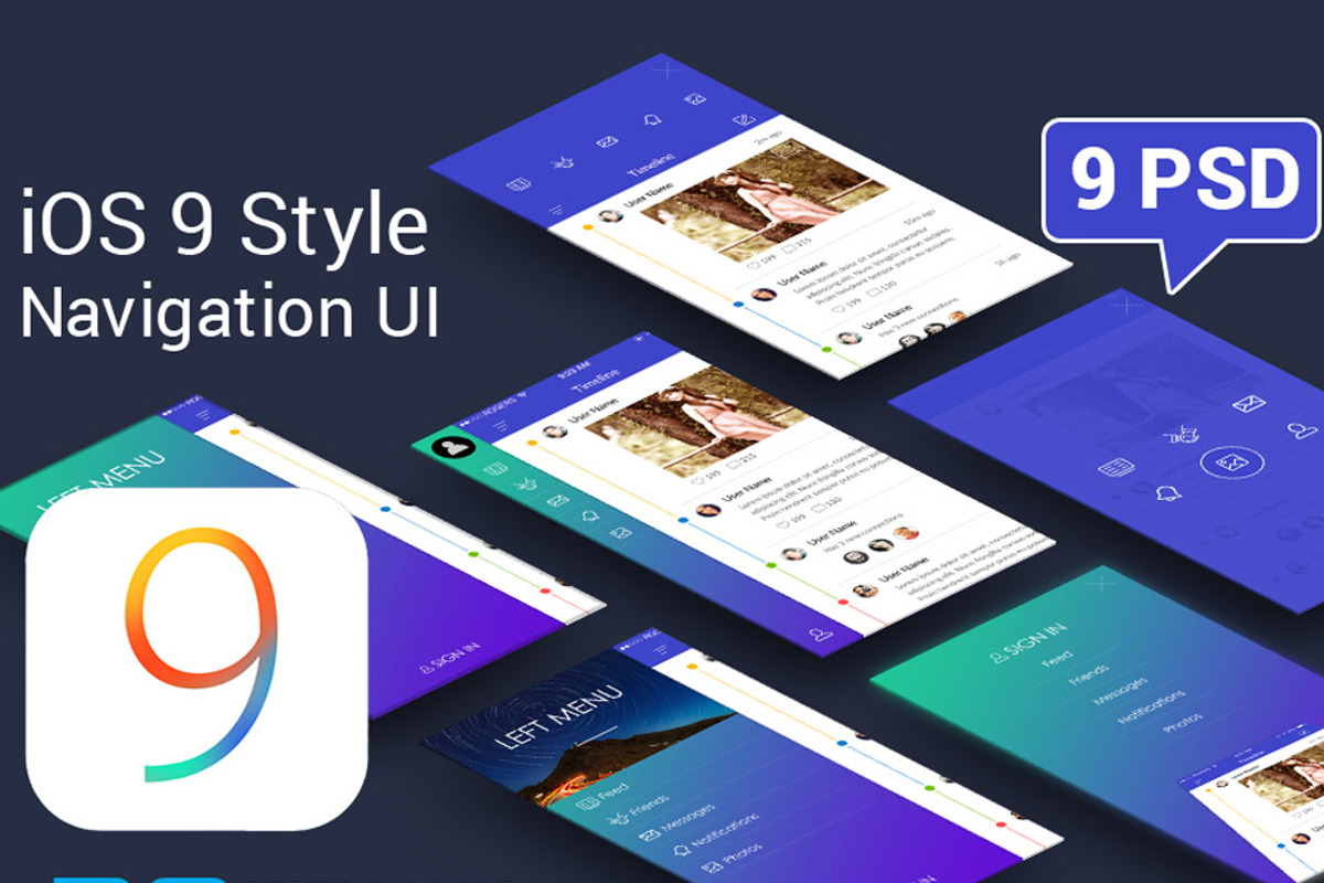 Flat iOS9 Style 9 Sidemenu Screens, an UI Kit Template by Amit Rai