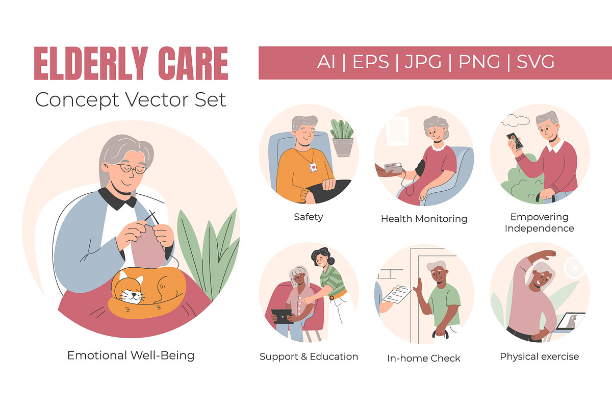 Elderly Care Vector flat Set, a Person Illustration by EeKayStore (Photo 1 of 5)