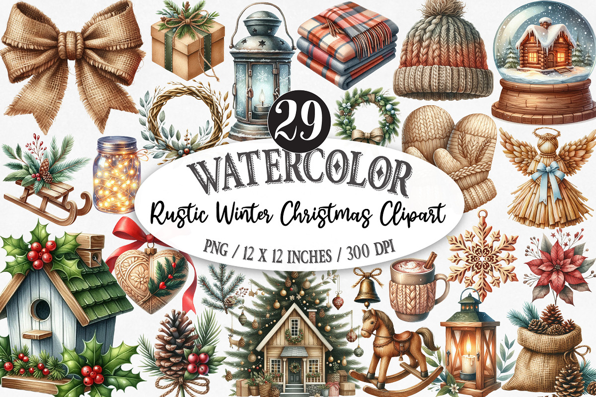 Rustic Winter Christmas Clipart, an Illustration by Designking (Photo 1 of 5)