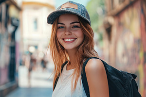Young woman wearing cap in vibrant city street filled with colorful murals and, a Person Photo by AlyaAnd