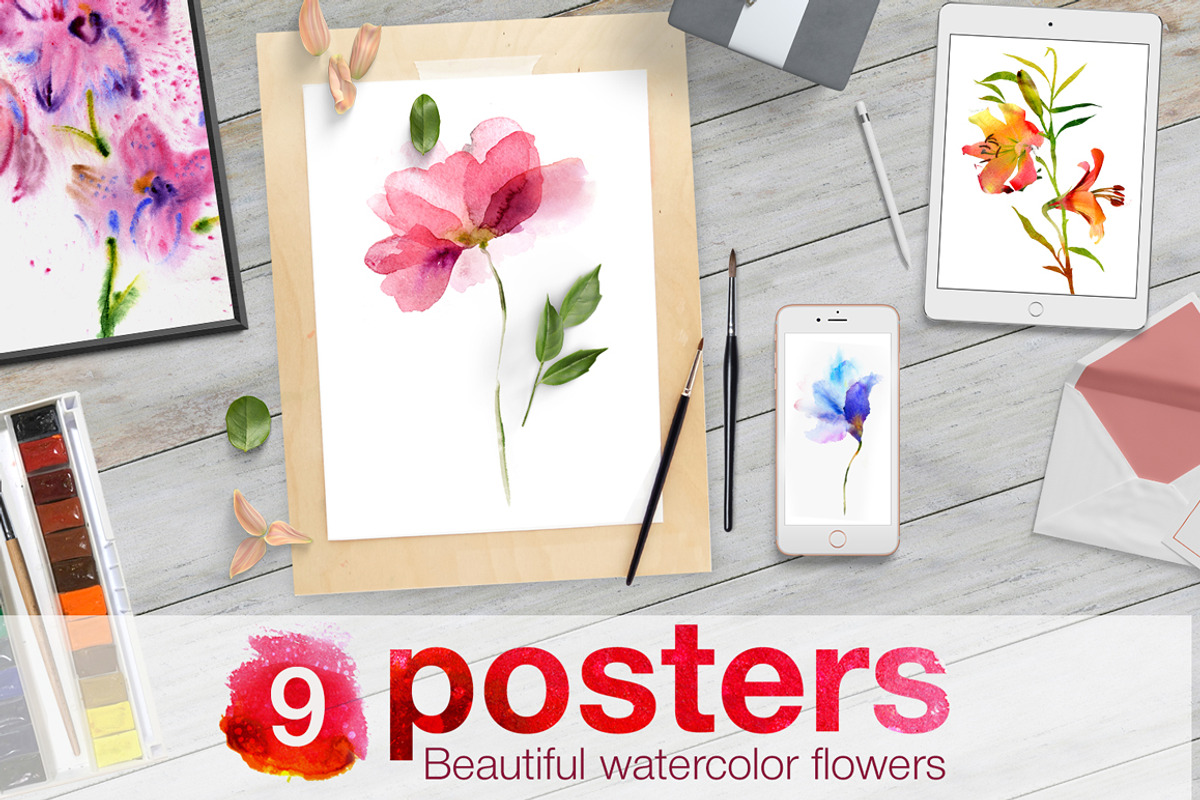 Watercolor flowers. 9 posters, an Illustration by Anna Guz's Store (Photo 1 of 8)