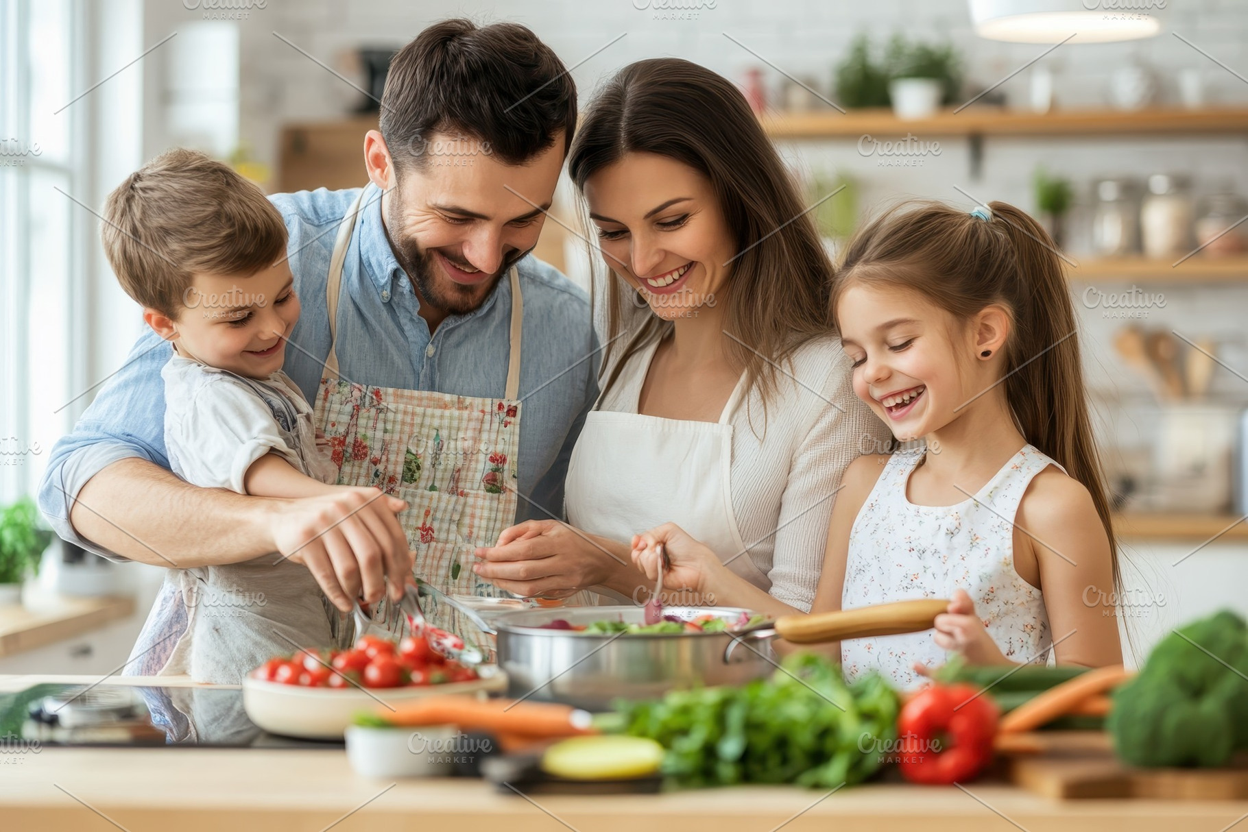 Parents and kids have fun cooking, a Photo by Pavel_design