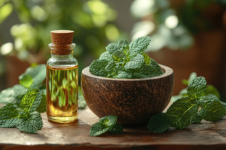 Small bottle of mint essential oil with mint leaves in mortar, a Nature Photo by AlyaAnd
