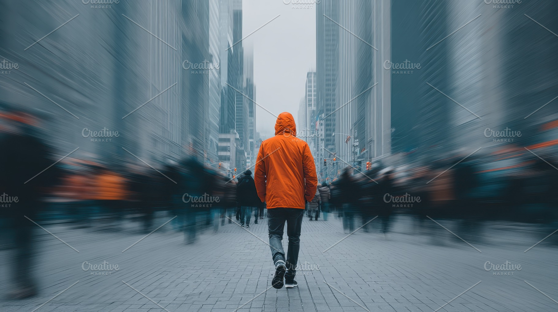 Man in Orange Jacket Walking City St, a Photo by Pixeness Studio
