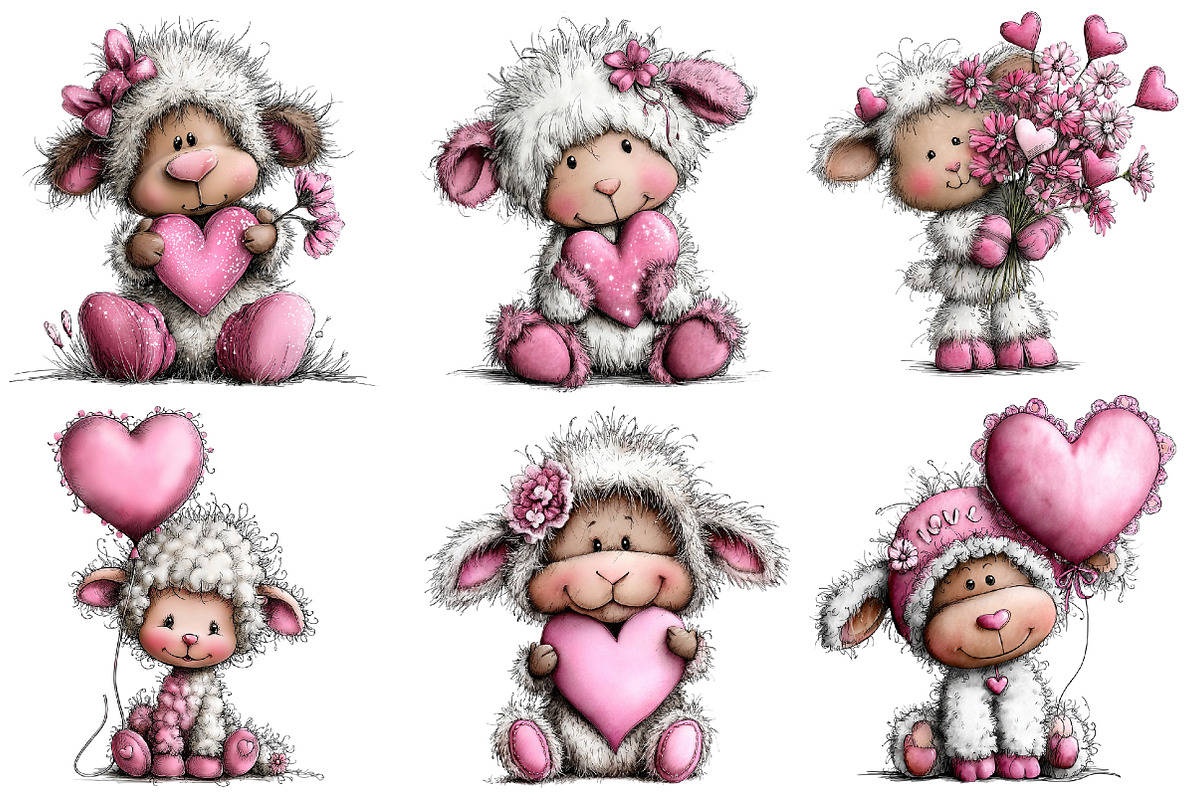 Valentine's Whimsical Lambs Clipart, an Illustration by Dream Creation (Photo 4 of 7)