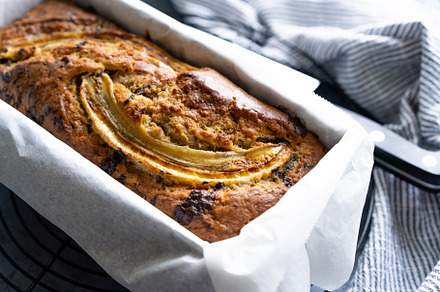 Homemade banana bread in the baking pan