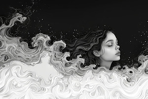 Beautiful Girl With Long Curly Hair. Black And White Illustratio