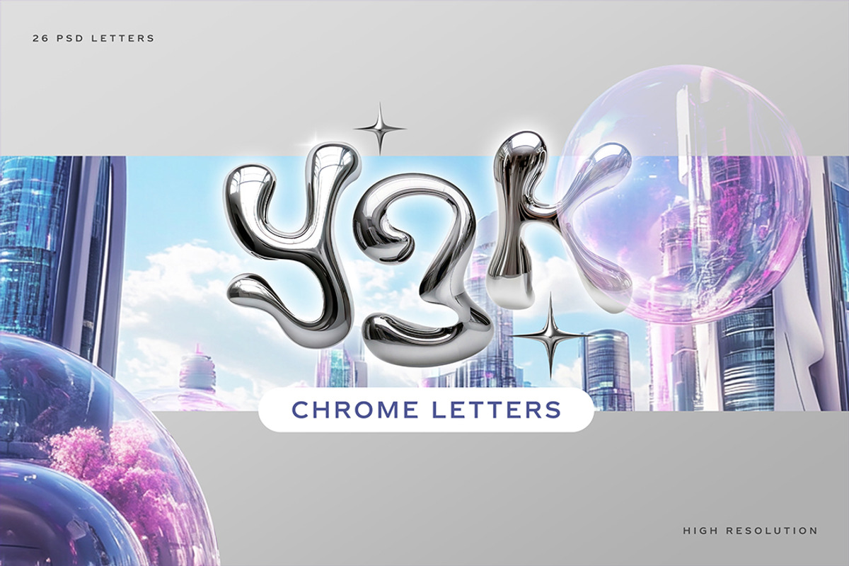 Y3K Chrome Letters Alphabet A-Z, a Mockup by Avelina Studio (Photo 1 of 4)