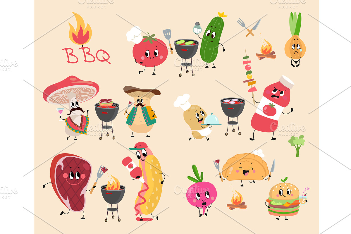 Bbq vegetables characters. Meat and, a Food Illustration by Valerie Bodnar