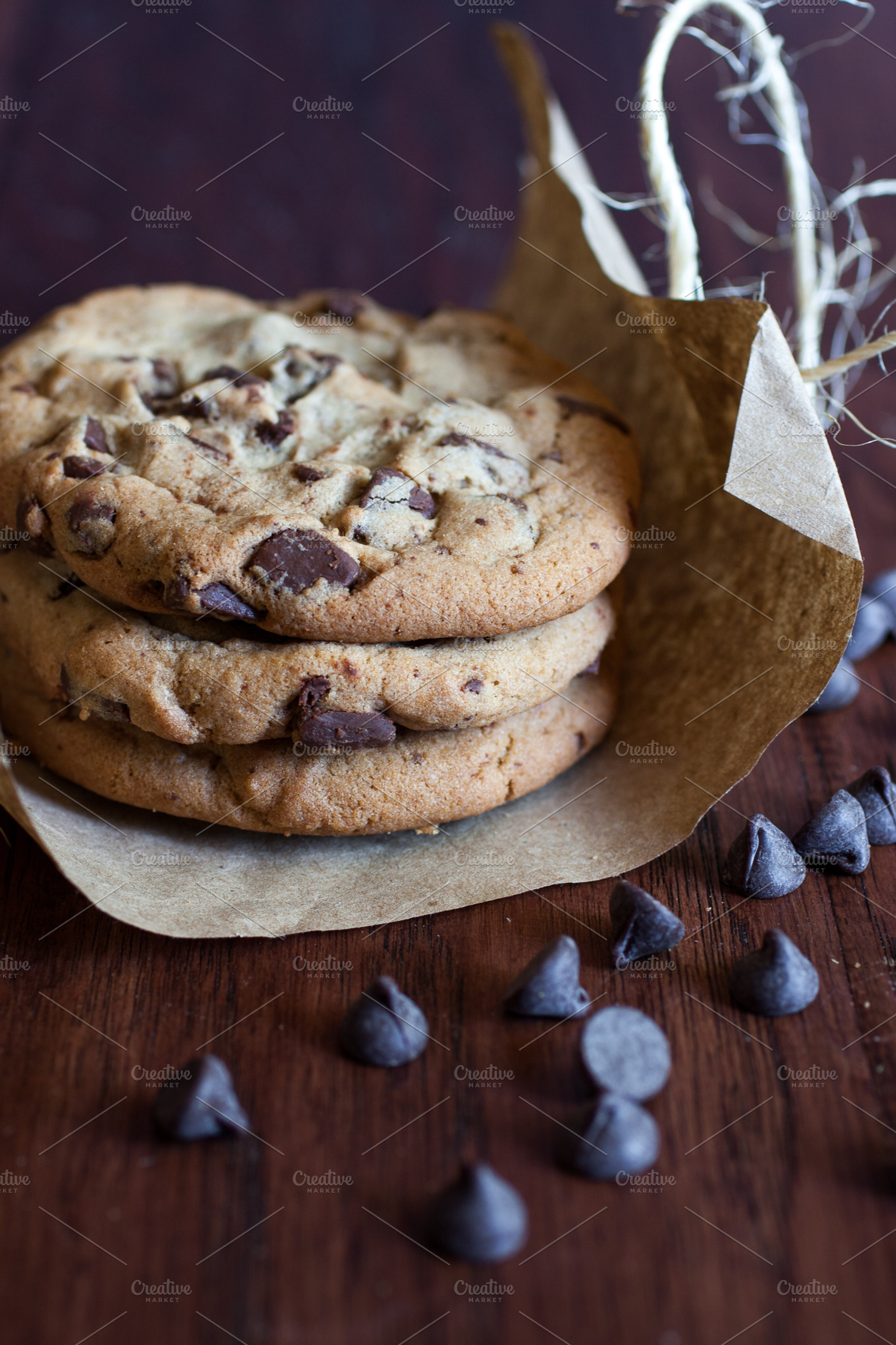 Chocolate chunk cookies containing baked, brown, and chip, a Food & Drink Photo by Southern Light