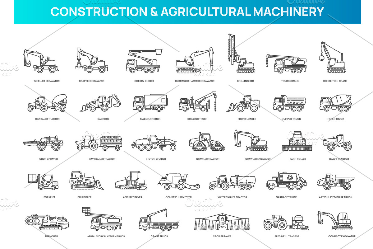 Construction machinery outline icons, an Outline Icon by Tettygreen (Photo 1 of 2)