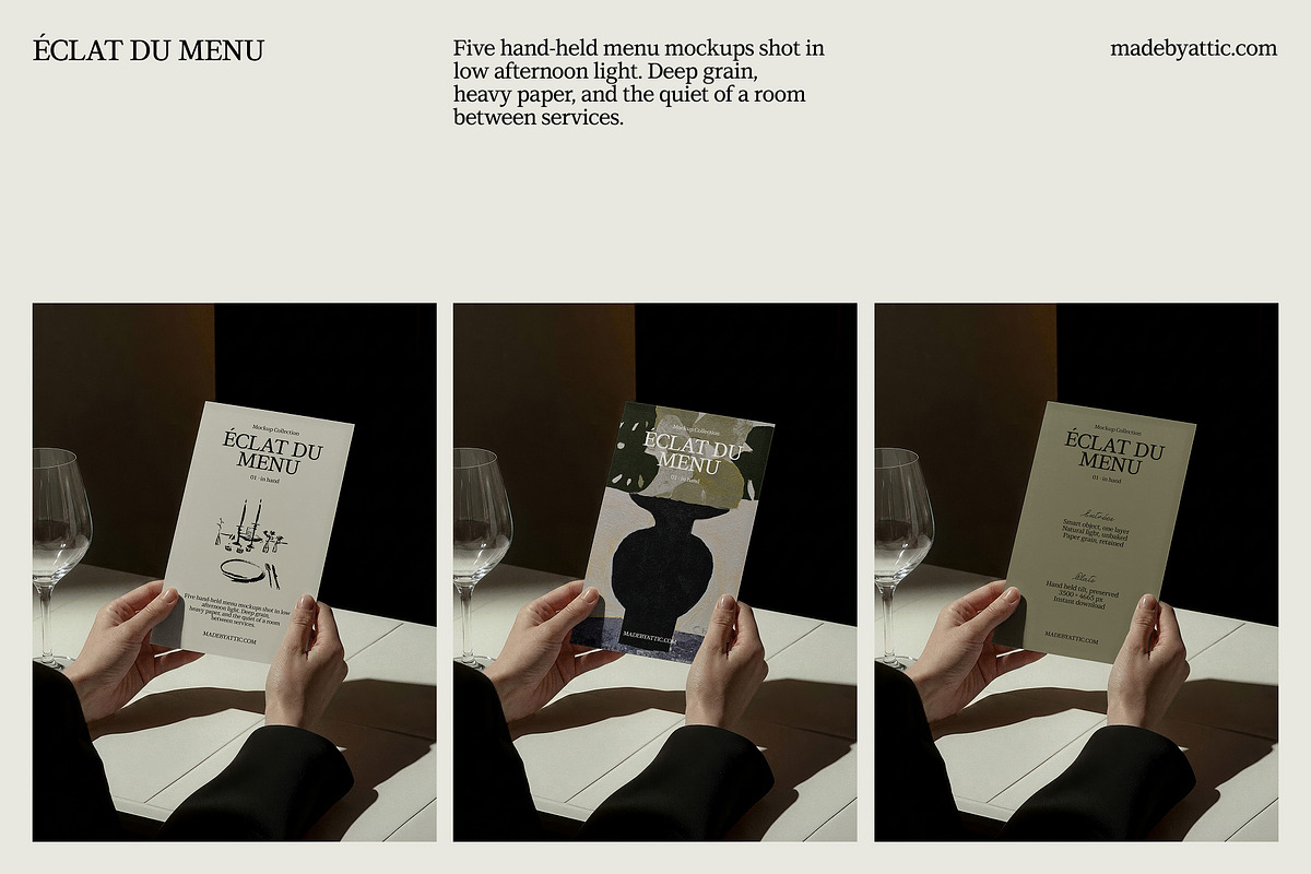 hand-held menu mockup : éclat 01, a Merchandise Mockup by Made by Attic (Photo 2 of 3)