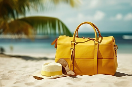 Yellow travel bag with hat and sunglasses on tropical beach. Sum, a Holiday Photo by AS photostudio