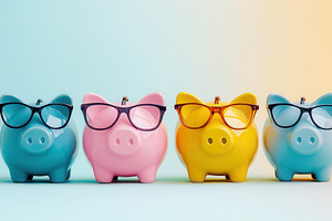 A row of colorful piggy banks, a Photo by Pavel_design