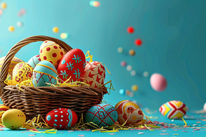 A festive display featuring a basket, a Photo by LOGOCREATIVE