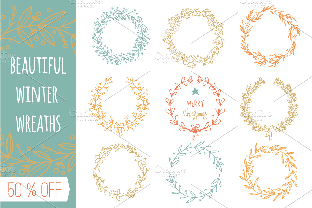Set of hand drawn winter wreaths