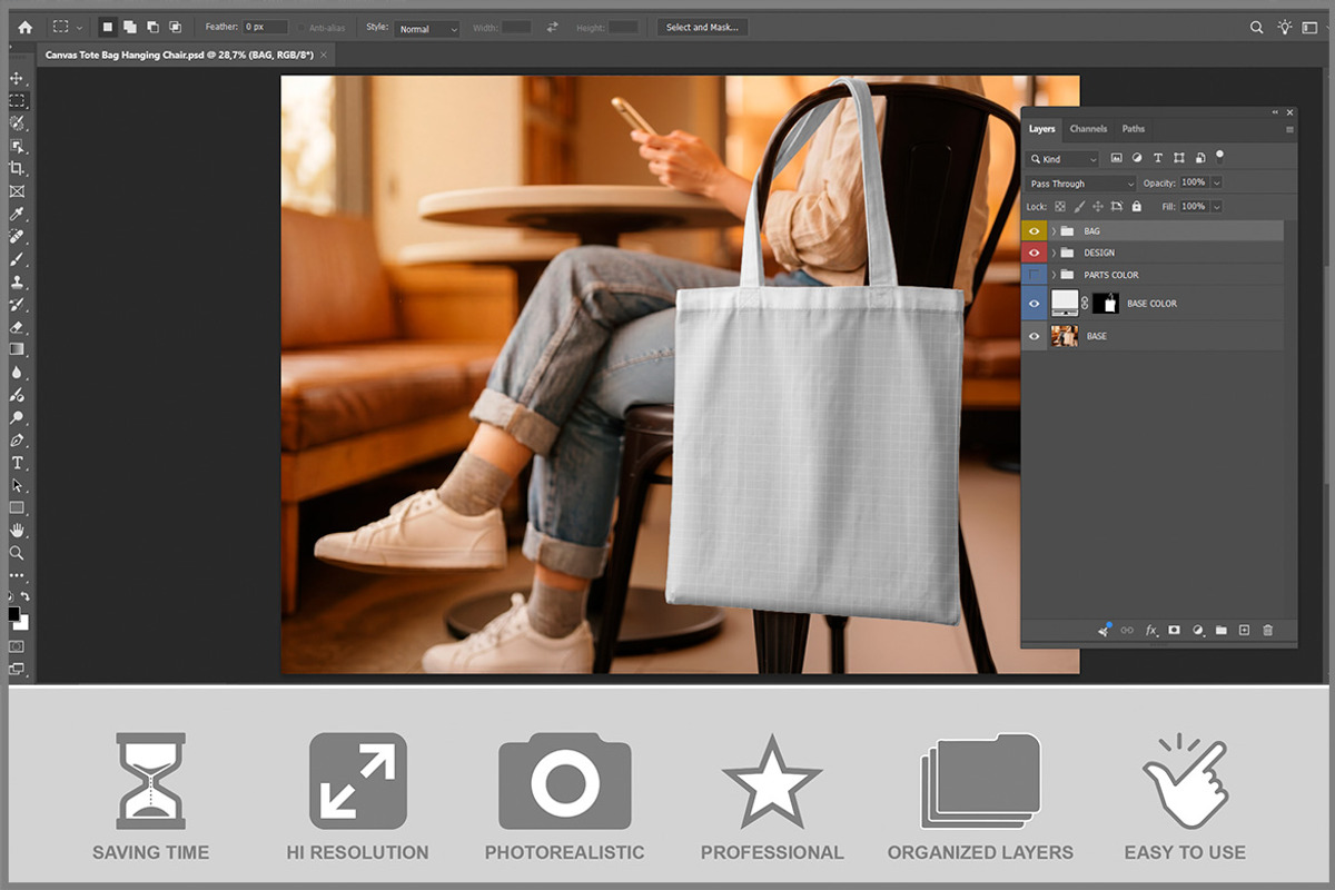 Canvas Tote Bag Hanging On Chair PSD, a Merchandise Mockup by Bruno's Shop (Photo 2 of 3)