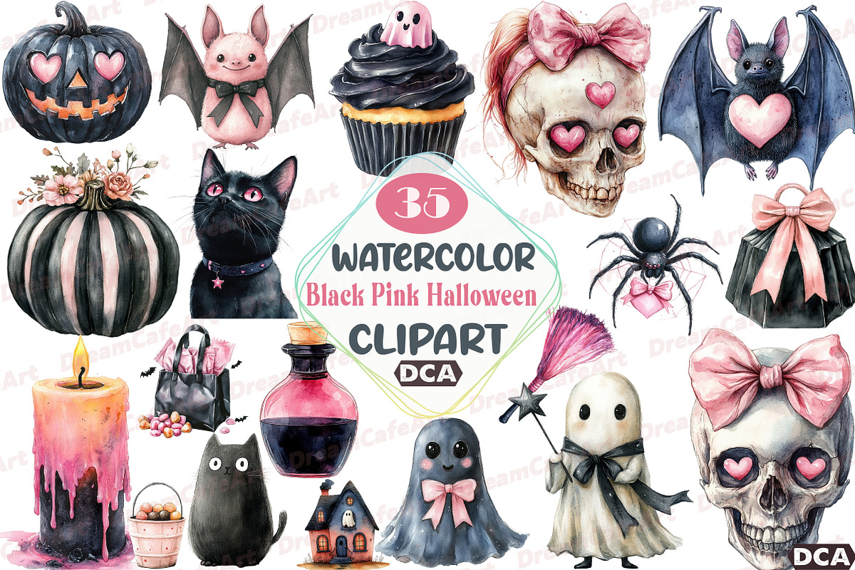 Black Pink Halloween Clipart, an Illustration by DreamCafeArt (Photo 1 of 7)