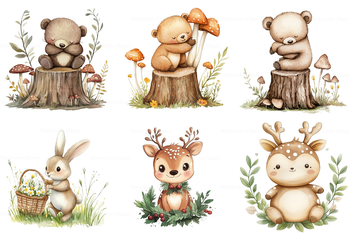 Cute Woodland Animal Clipart, an Illustration by Watercolor design (Photo 3 of 9)