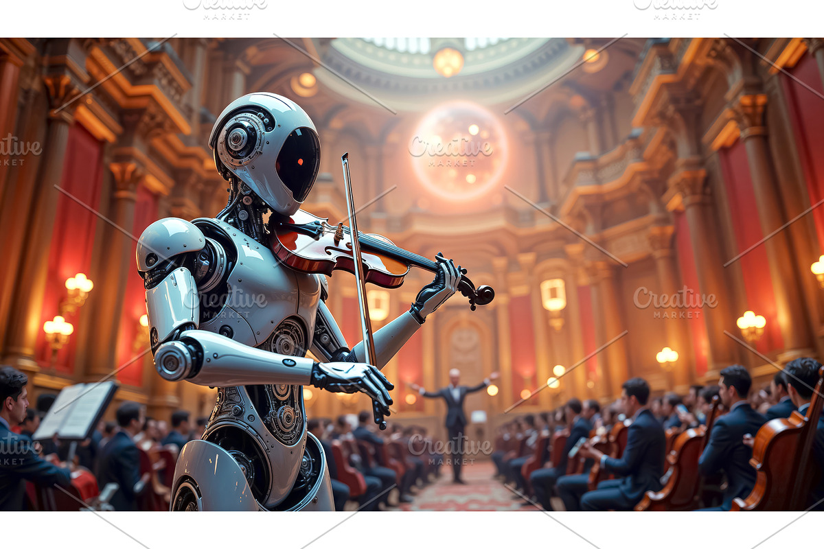 On stage, a futuristic robot plays, a Graphic by TatsianaSalauyova