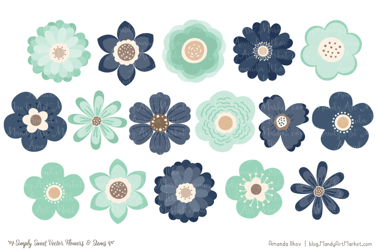 Navy & Mint Flowers Clipart, an Illustration by Amanda Ilkov (Photo 3 of 4)