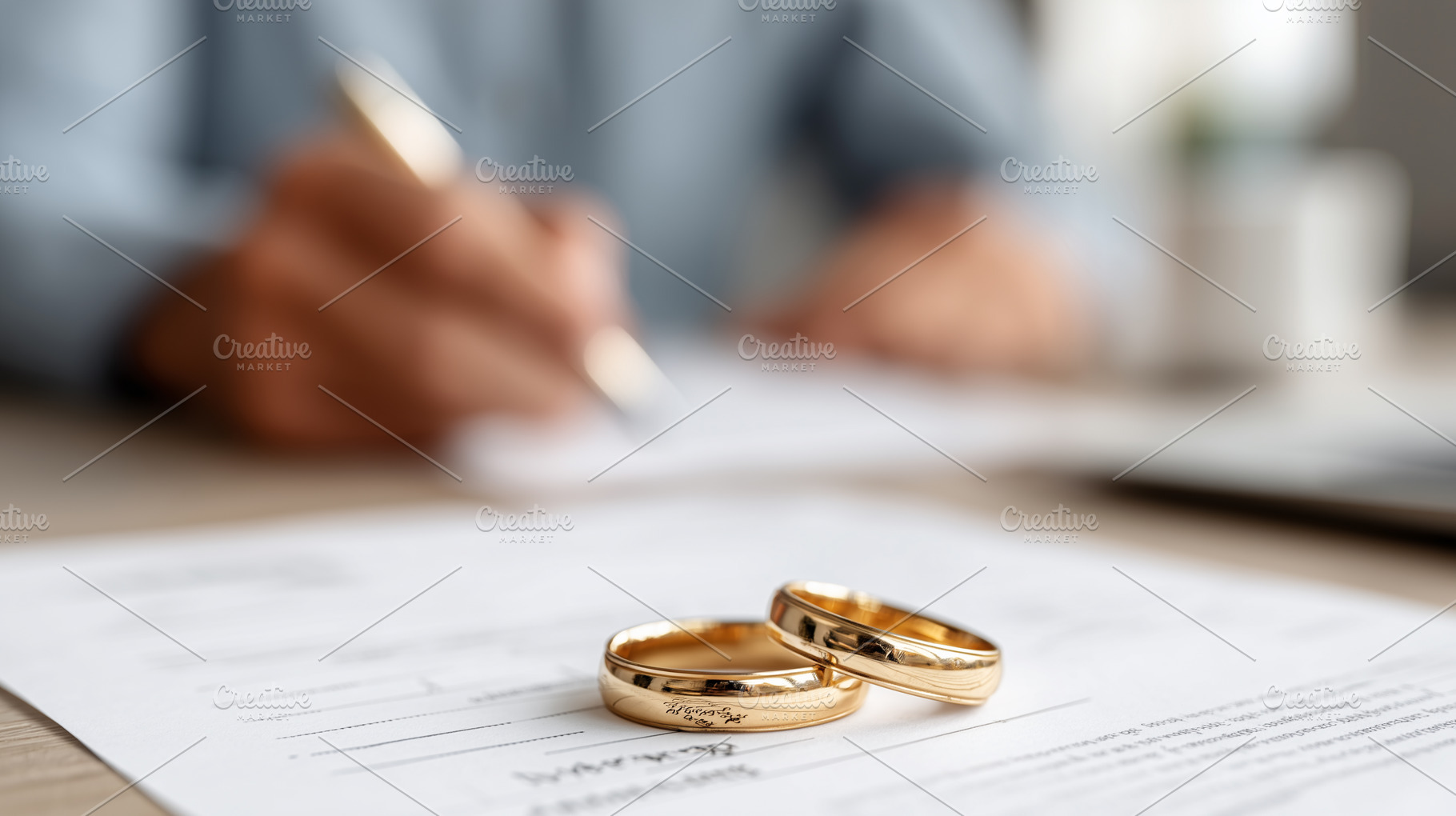 Gold wedding rings resting on papers, a Business Photo by MistyDay