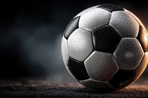 Wet Soccer Ball Close Up on Dark Background with Dramatic Stadiu, a Sports & Recreation Photo by José Manuel Gelpi