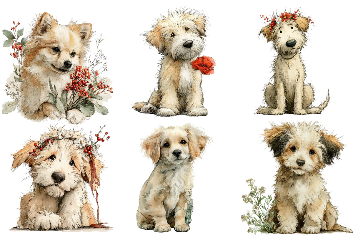 Whimsical Dogs Floral Clipart, an Illustration by DreamArtGraphic (Photo 3 of 4)